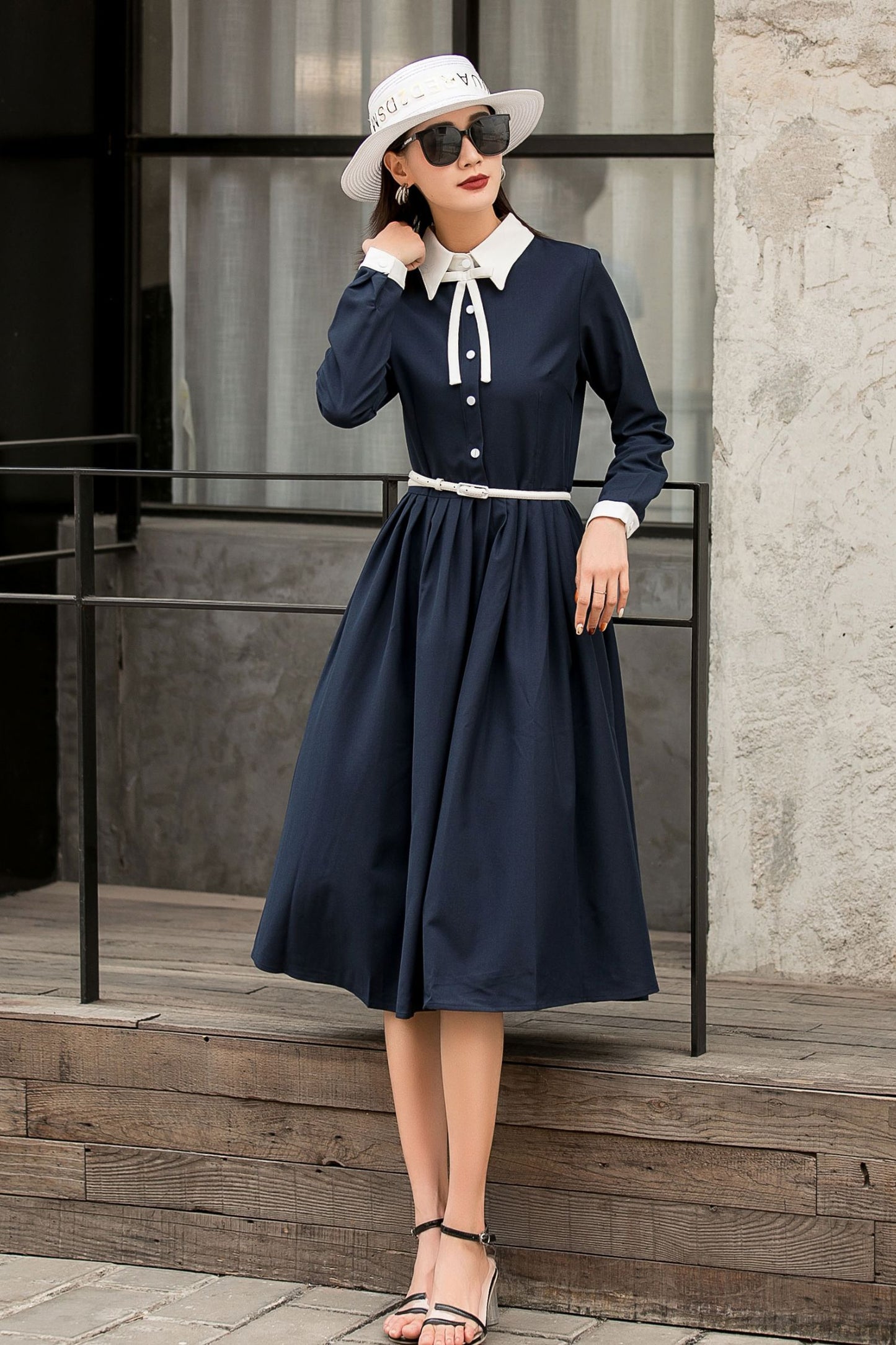 Summer Fall Navy Formal Button Up Midi Dress 2845