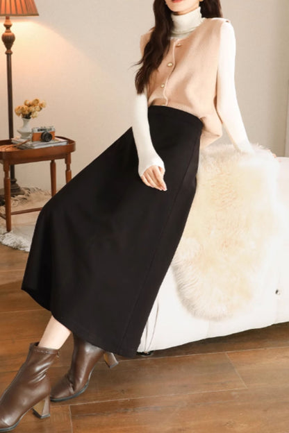 Black Wool Midi Skirt - A-Line Silhouette 5468