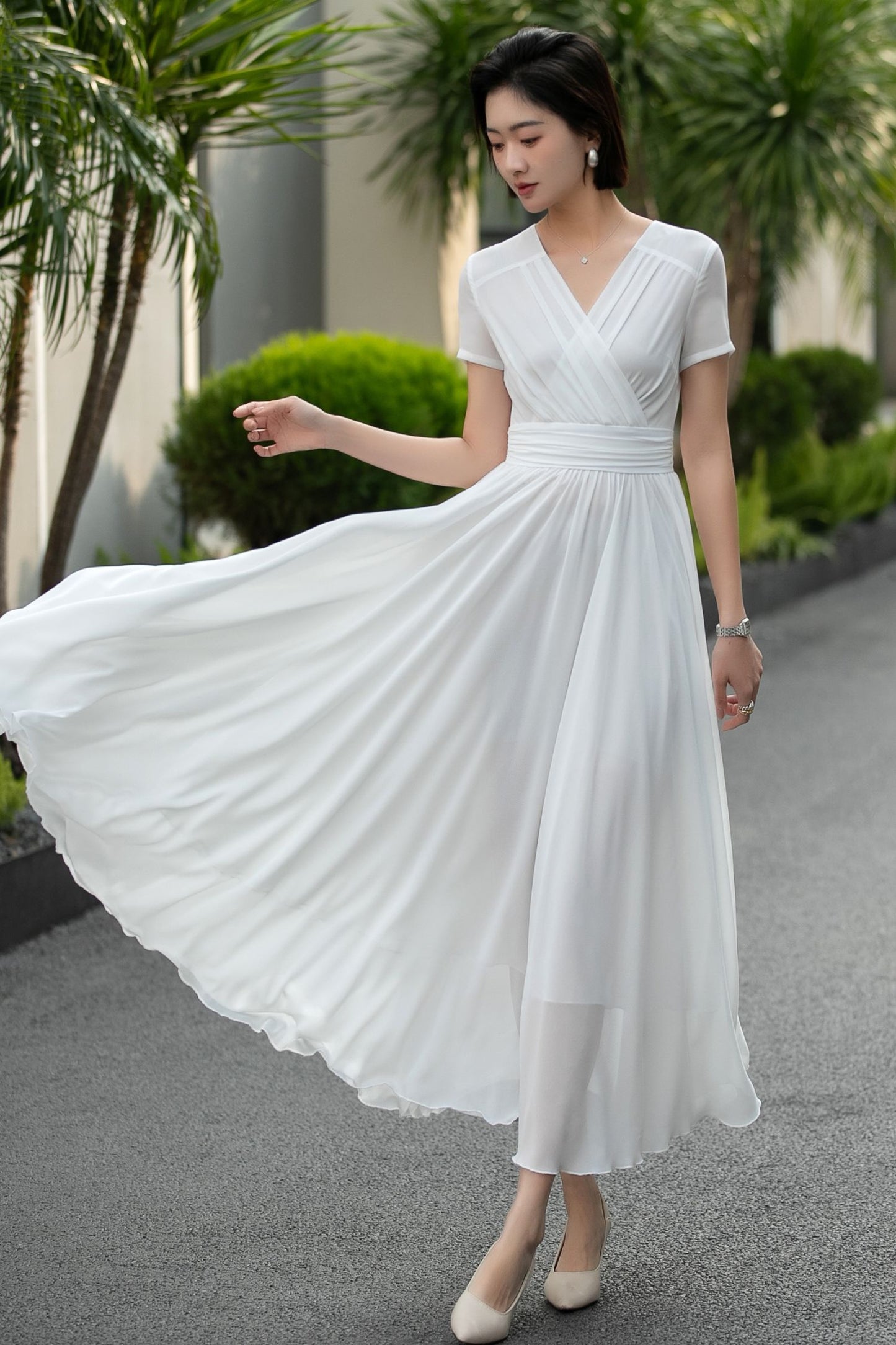 Handmade White Chiffon Maxi Dress – Vintage Empire Waist Dance Dress 6662