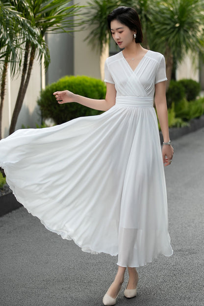 Handmade White Chiffon Maxi Dress – Vintage Empire Waist Dance Dress 6662