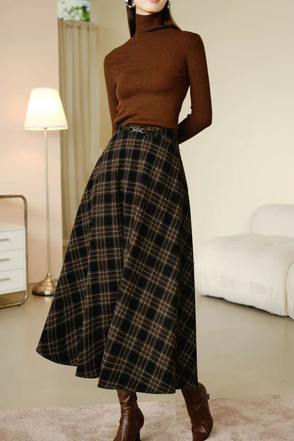 Brown Plaid Wool Blend Midi Skirt - Vintage A-Line women Skirt Winter 7020