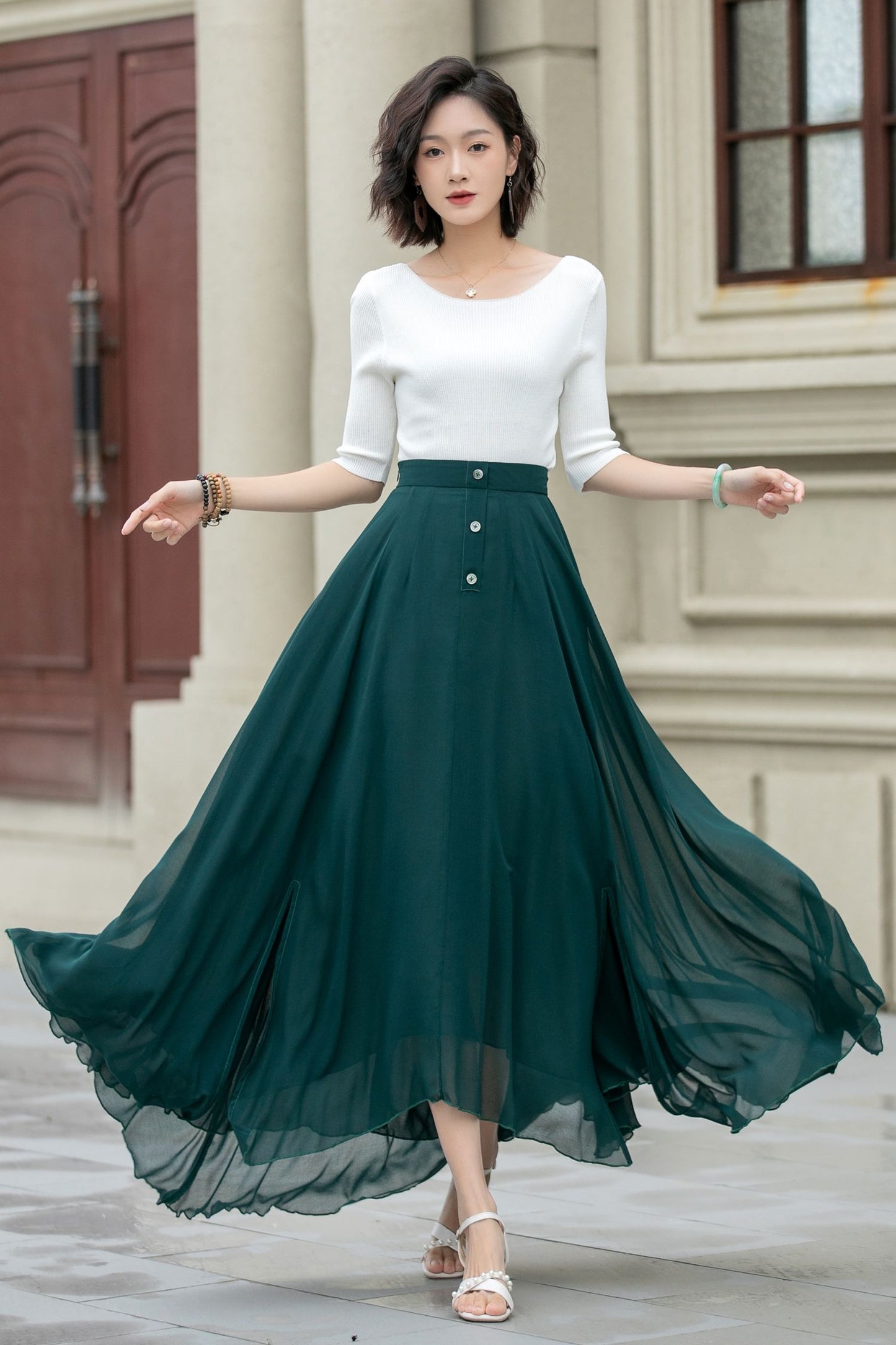 Maxi dark green summer chiffon skirt women 5220