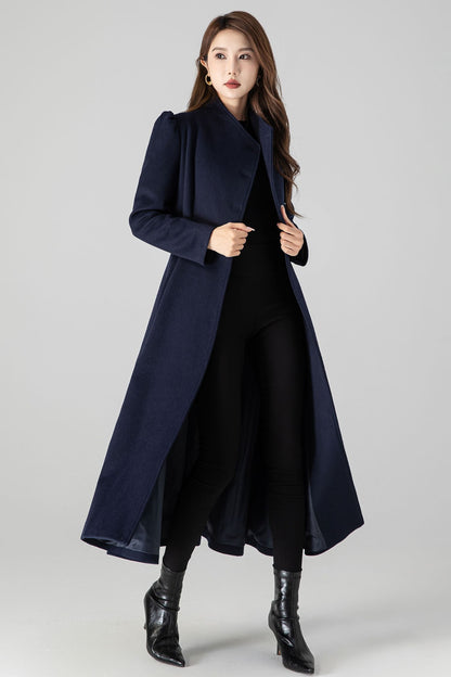 Wool Blend A-Line Coat – Dark Blue Long Coat with Pockets 4506