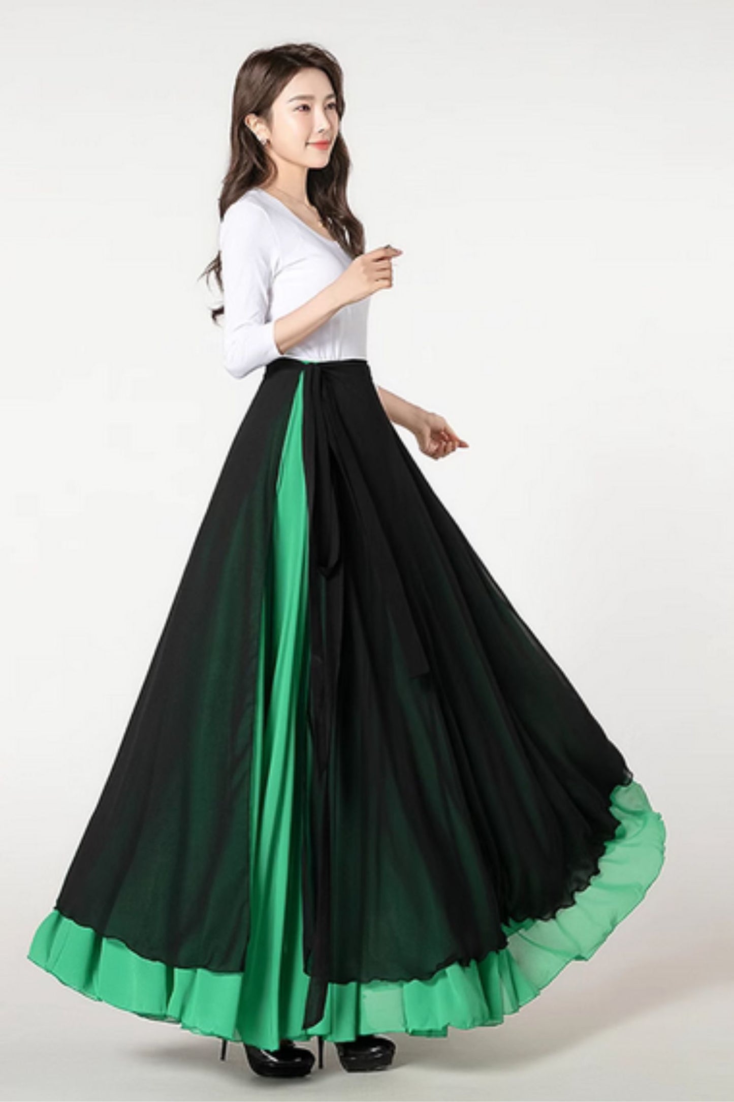 Swing summer chiffon skirt with black wrap outfit  5198