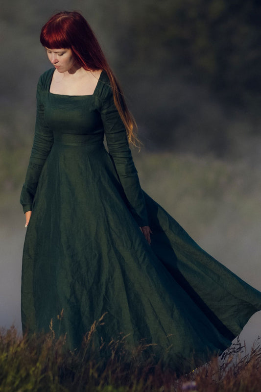 Green Long sleeve green Linen Dress 3738