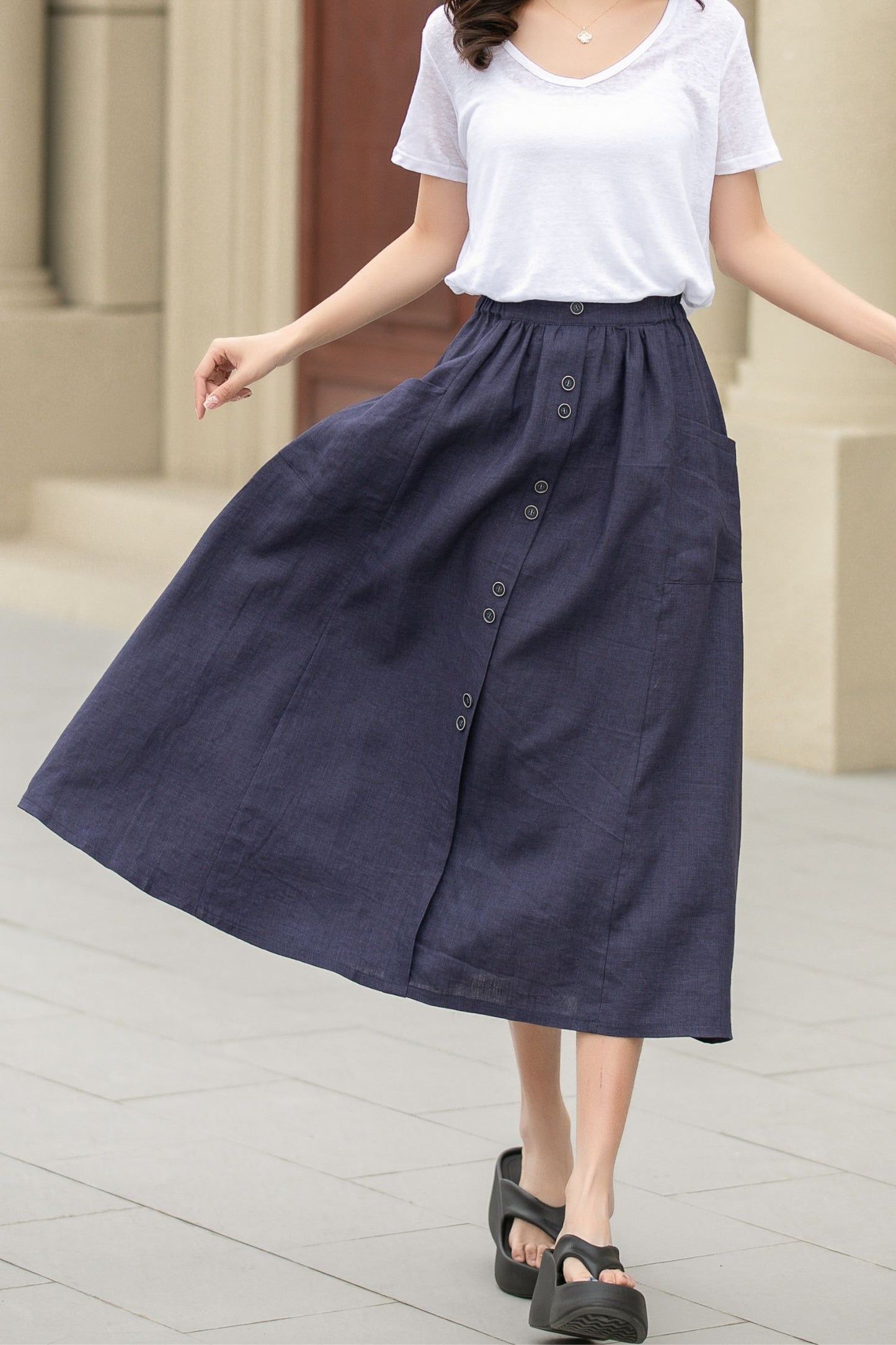 Button up midi summer linen skirt 4944