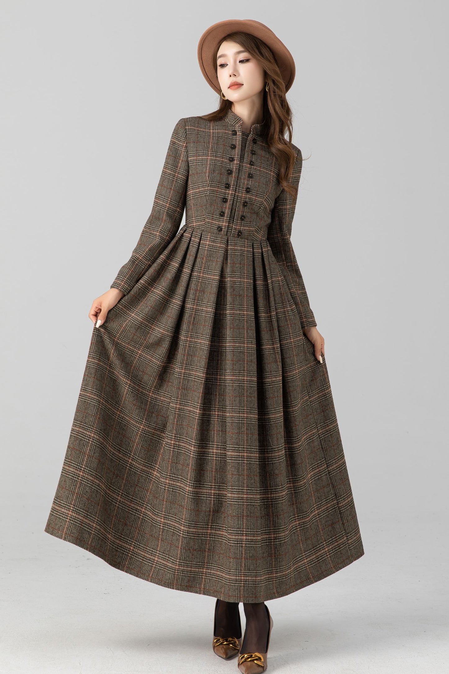 Maxi pleated winter long plaid wool dress 5427