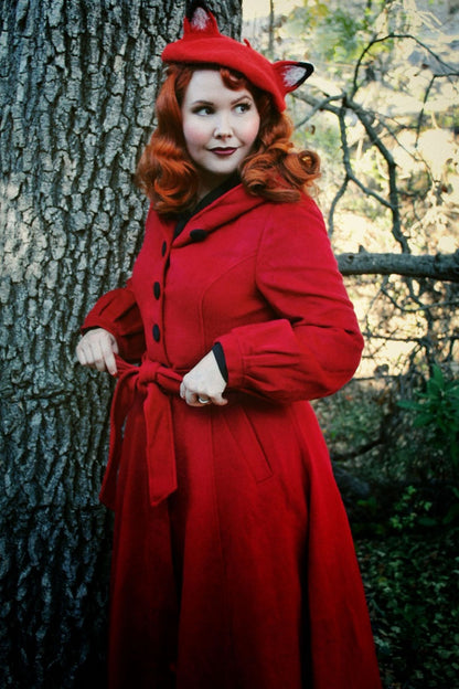 Red Wool Blend Midi Coat - Hooded with Lantern Sleeves 3184