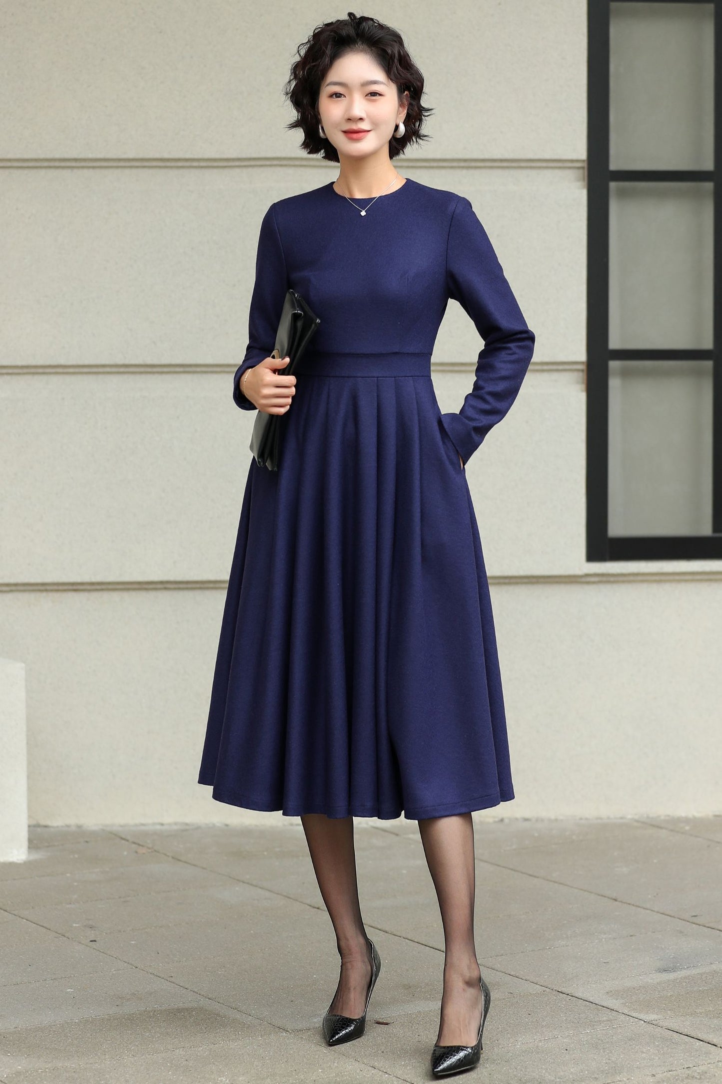 Blue swing winter wool dress women 6506