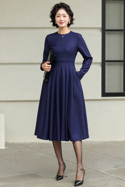 Blue Wool Midi Dress - Swing Fit & Flare Silhouette 6506