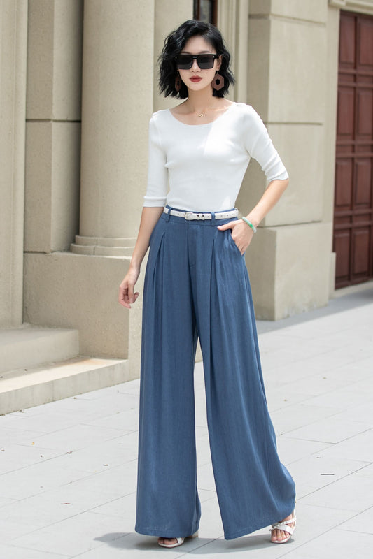 Womens elegant wide leg long linen pants 5254