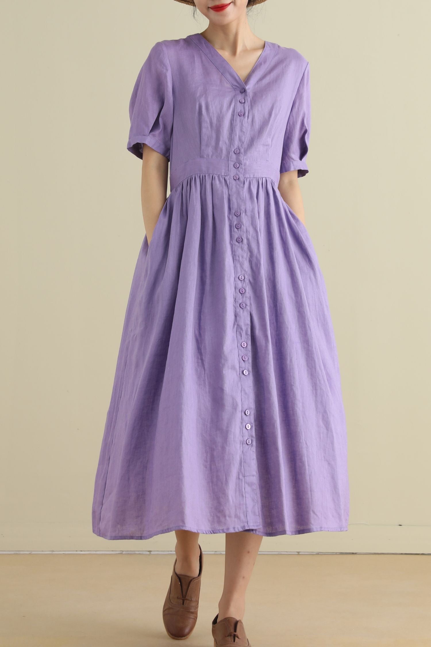 Button up purple midi linen dresses 2796 Xiaolizi Button up purple midi linen dresses 2796 Xiaolizi