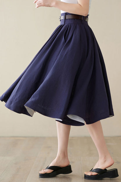 Navy Linen Pleated A-Line Skirt - High Waist Knee Length | Xiaolizi 4972