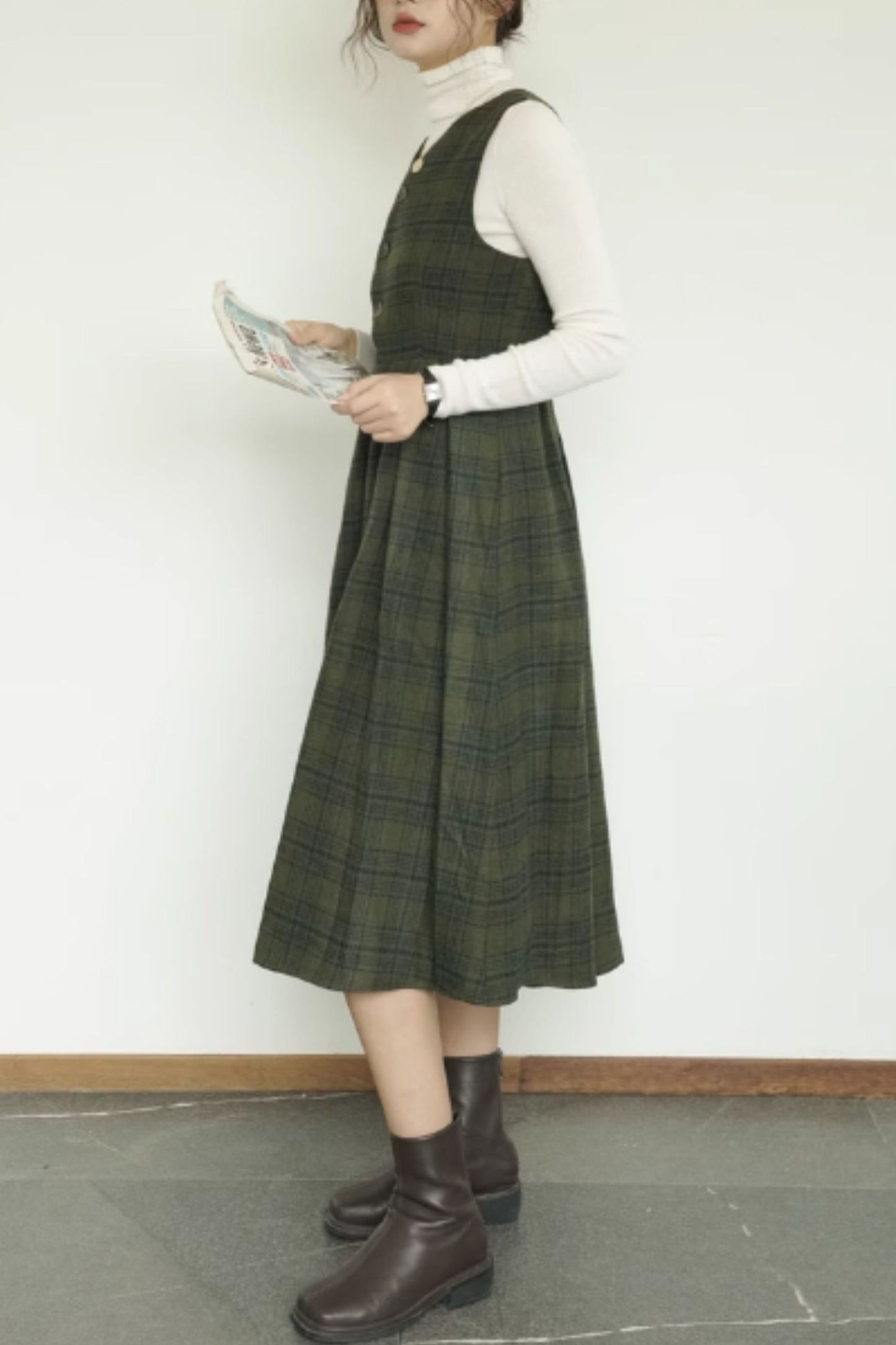 Sleeveless plaid autumn wool dress women 5414