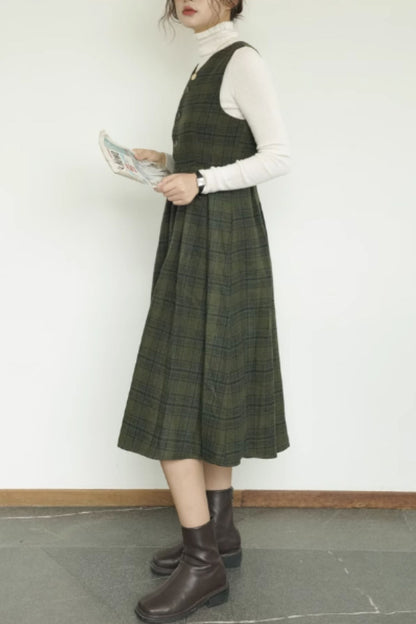 Plaid Wool Midi Dress - Sleeveless Fit and Flare Silhouette 5414