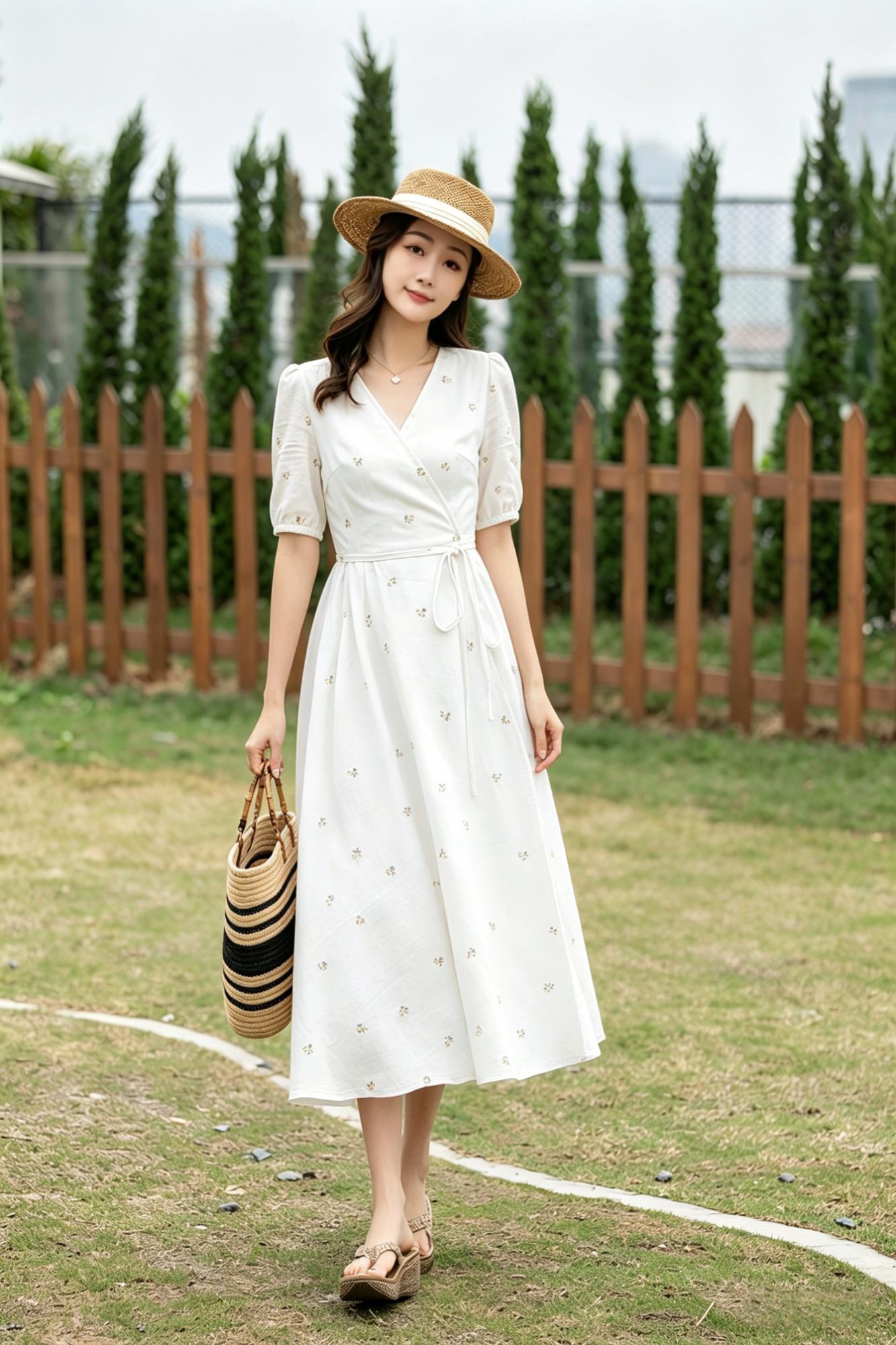 White Cotton Linen Wrap Midi Dress - Floral Embroidery V-Neck | Xiaolizi 6786