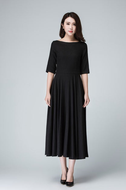 Black Linen Little Black Dress – Handmade Vintage Fit & Flare Midi Dress with Pockets | Xiaolizi 1458