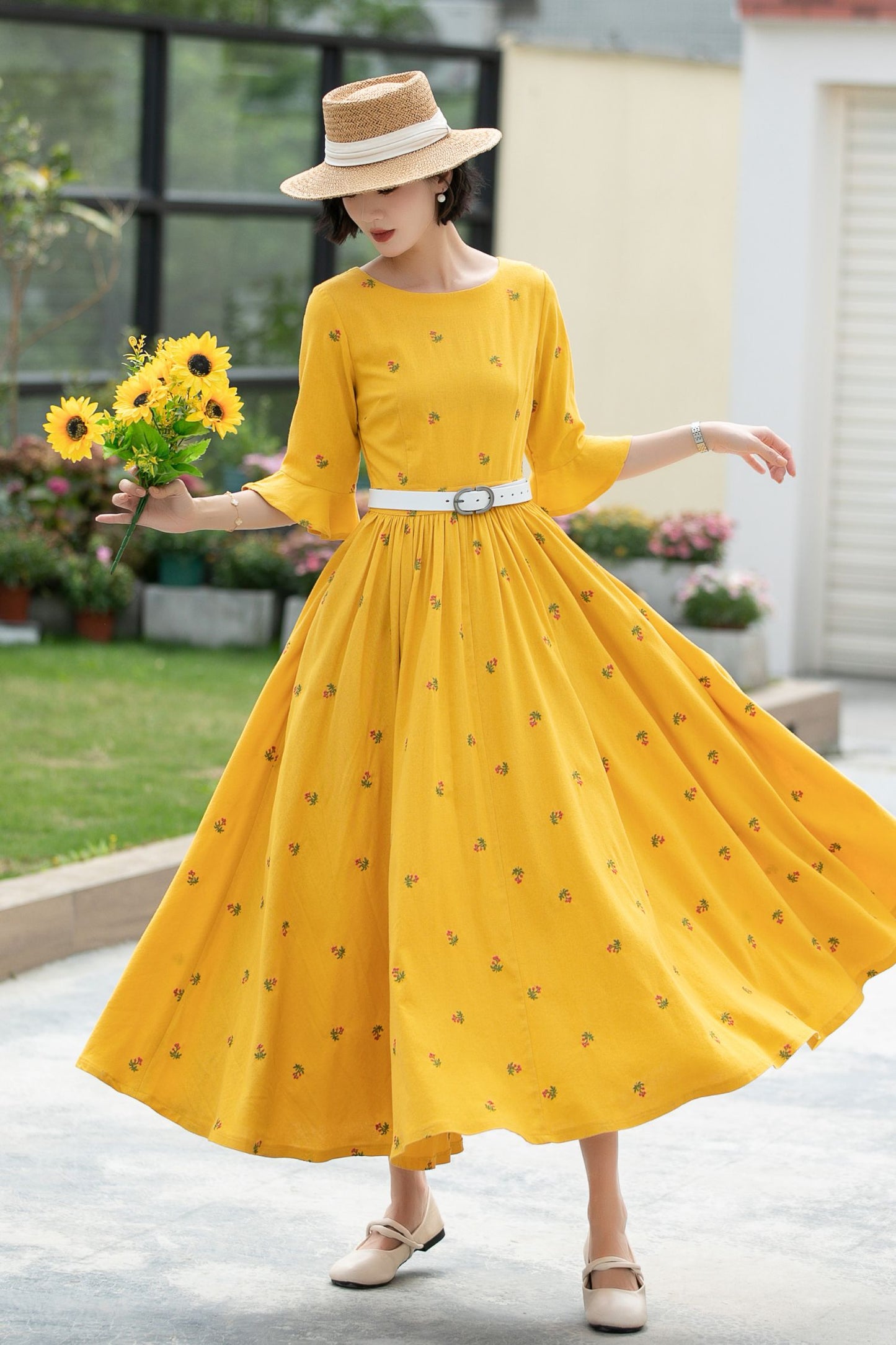 Floral Long spring Linen Dress 5985