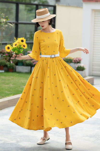 Floral Long spring Linen Dress 5985