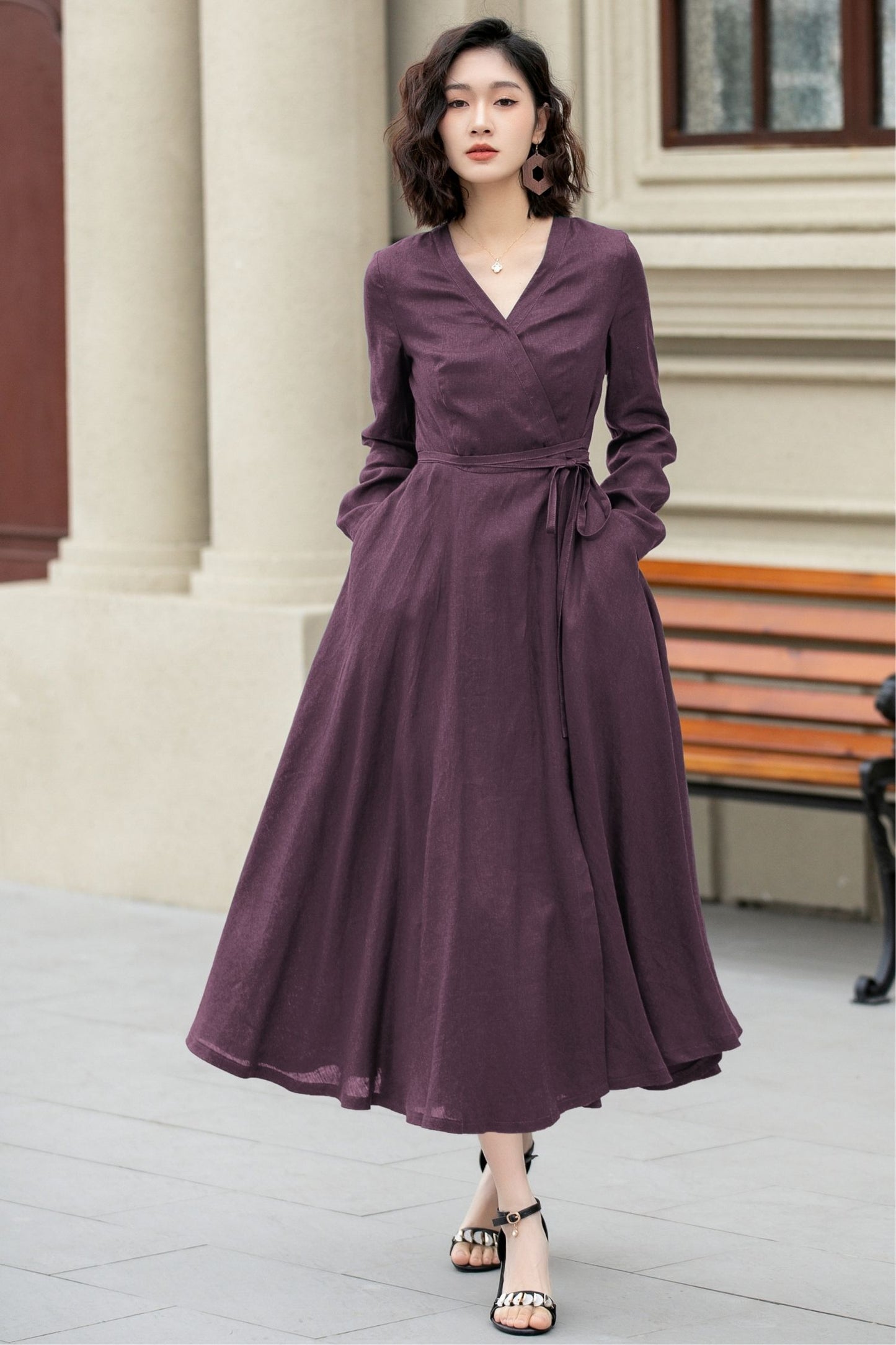 Purple Linen Wrap Dress – Handmade Long Sleeve Maxi for Women 6672