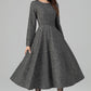 Handmade Dark Gray Wool Midi Dress – Long Sleeve Fit and Flare | Xiaolizi 6390