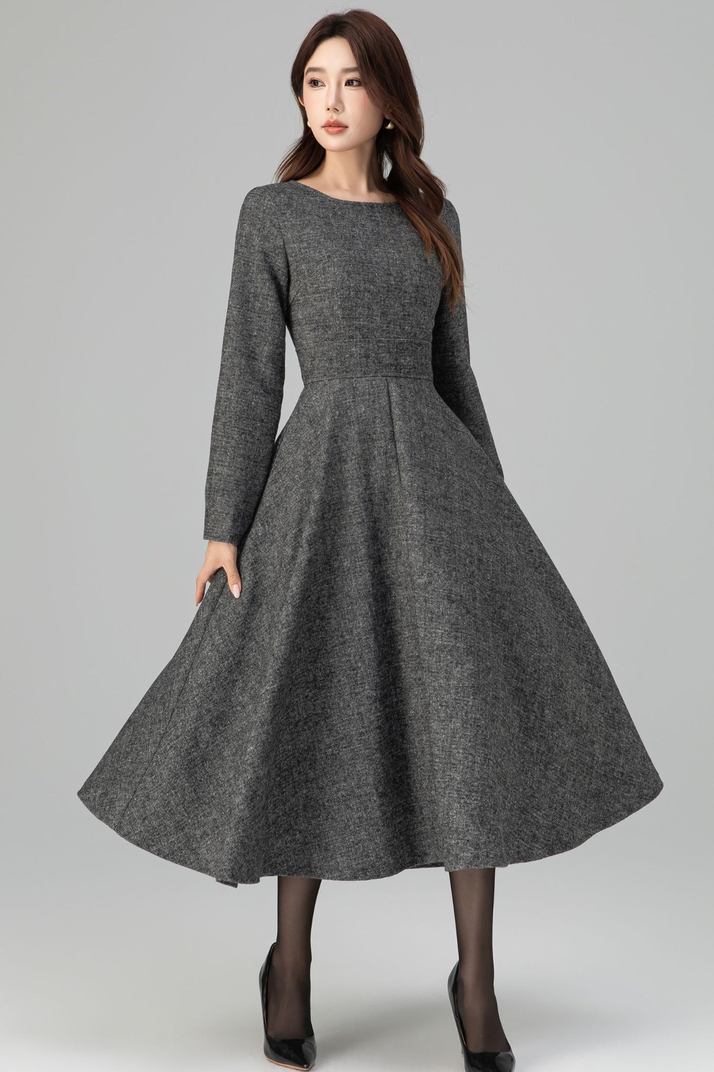 Handmade Dark Gray Wool Midi Dress – Long Sleeve Fit and Flare | Xiaolizi 6390