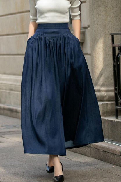 Navy Cotton Maxi Skirt - High Waist Pleated Two Pockets | Xiaolizi 5688