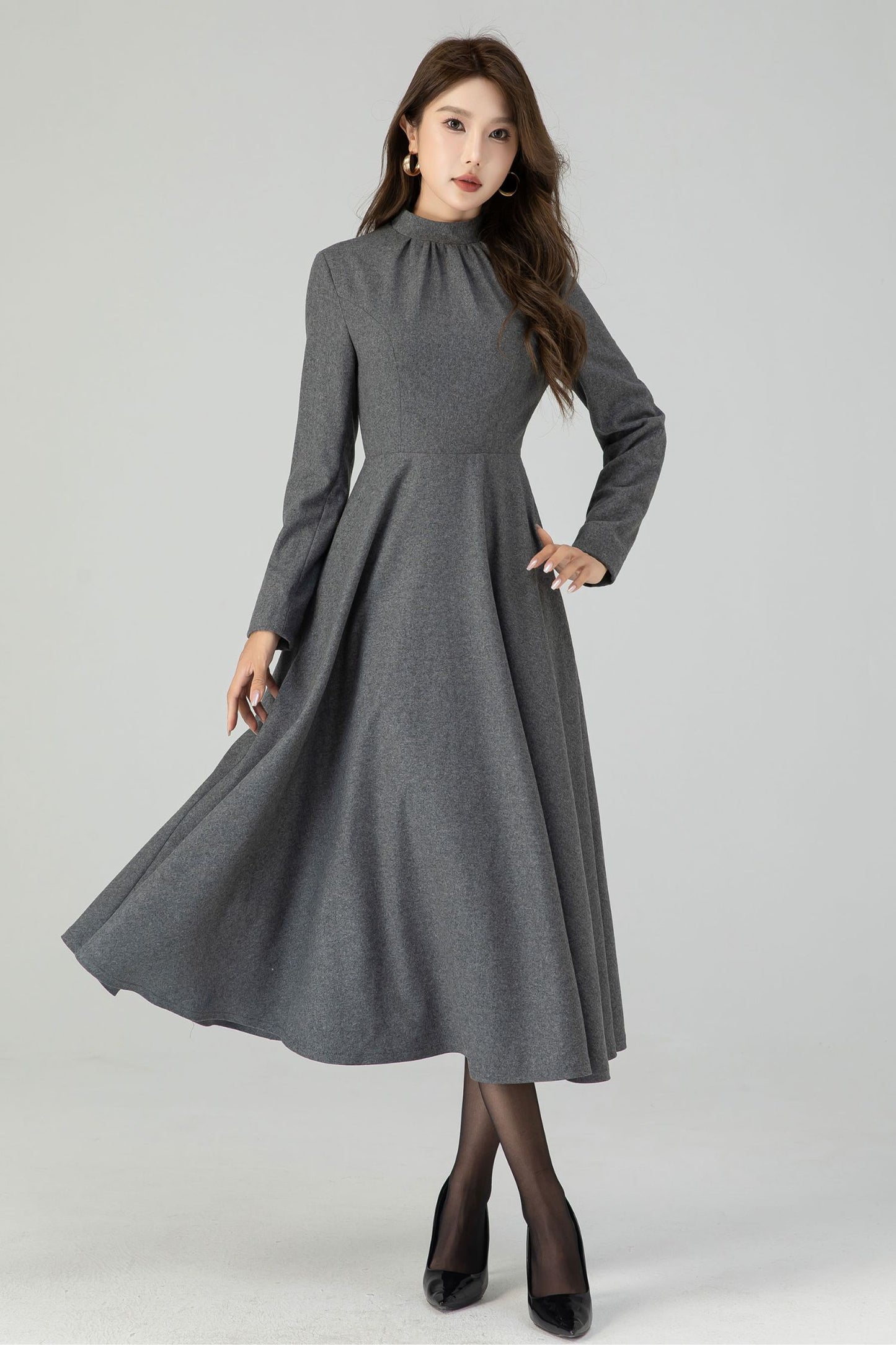 Retro gray swing wool dress 4549