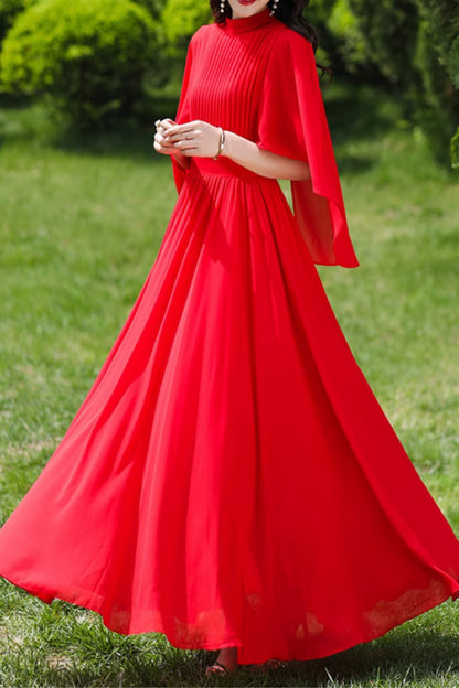 Fuchsia Polyester Maxi Dress - Flowing Swing Sleeve, Fitted Waist c4978