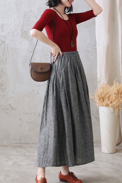 Grey Linen Cotton Maxi Skirt – Pleated Flare Skirt with Elastic Waist 2772