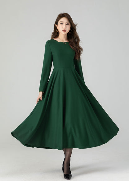 Green Wool Midi Dress - Fit and Flare with Wave Neckline 5429