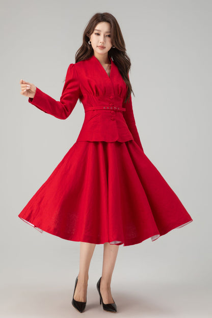 Red Linen Midi Skirt - High Waist Circle Swing Pockets | Xiaolizi 5760