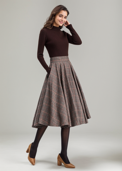 Wool Blend Plaid Skirt – A-Line Pleated Midi Skirt with Back Zipper 3167