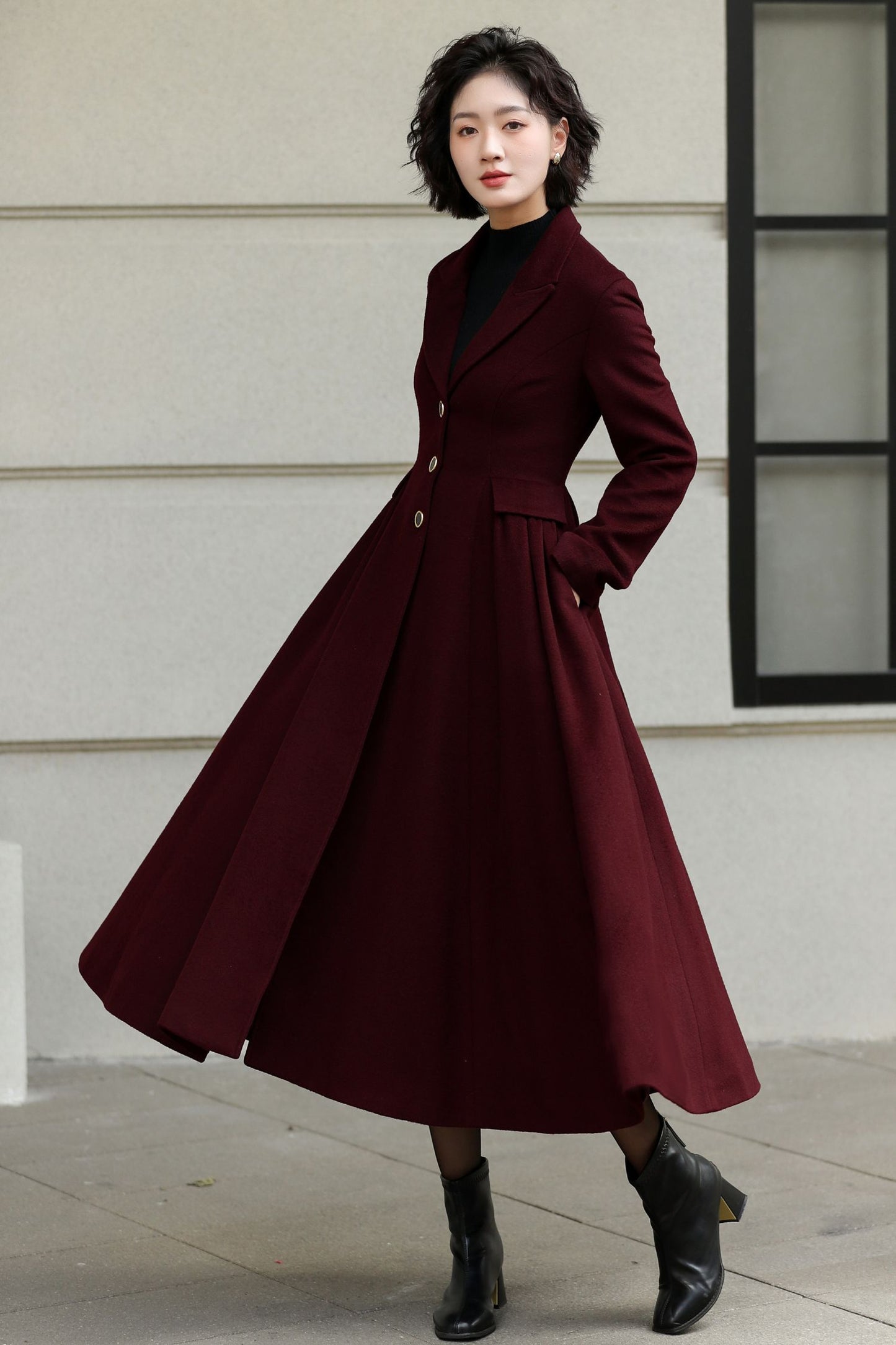 Handmade fit and flare burgundy winter wool coat 6533