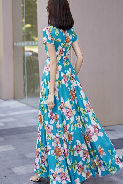 Blue Floral Chiffon Maxi Dress - Bohemian V-Neck Flowy Silhouette 5022