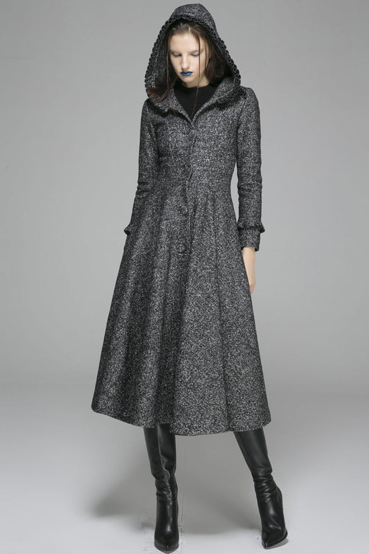 Gray Hooded Wool Maxi Coat – Gothic Ruffle Trim Winter Overcoat | Xiaolizi 1369