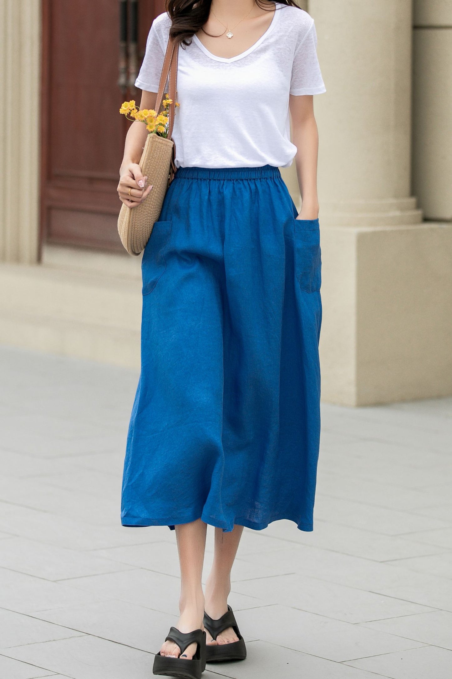 A line blue summer midi skirt with pockets 4956