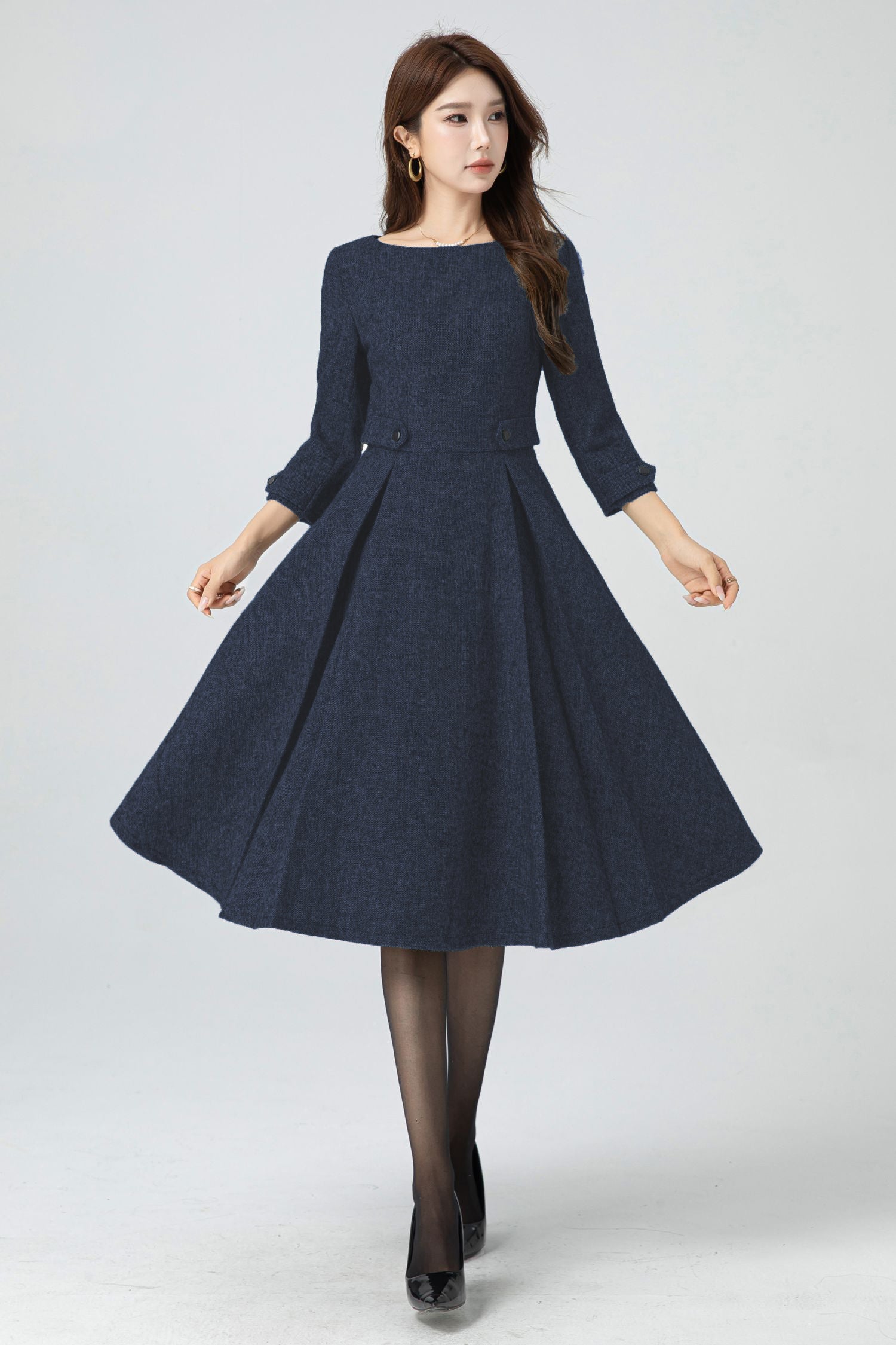 Wool Blend Fit and Flare Midi Dress – Vintage Winter Dress 5301 Navy / XL