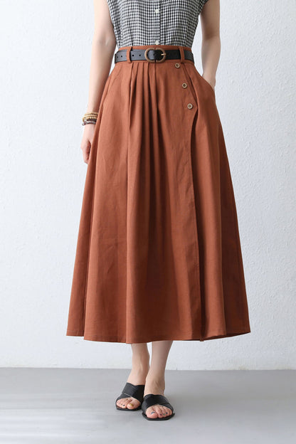 Orange Linen Cotton Midi Skirt - High Waist with Side Pockets 2887