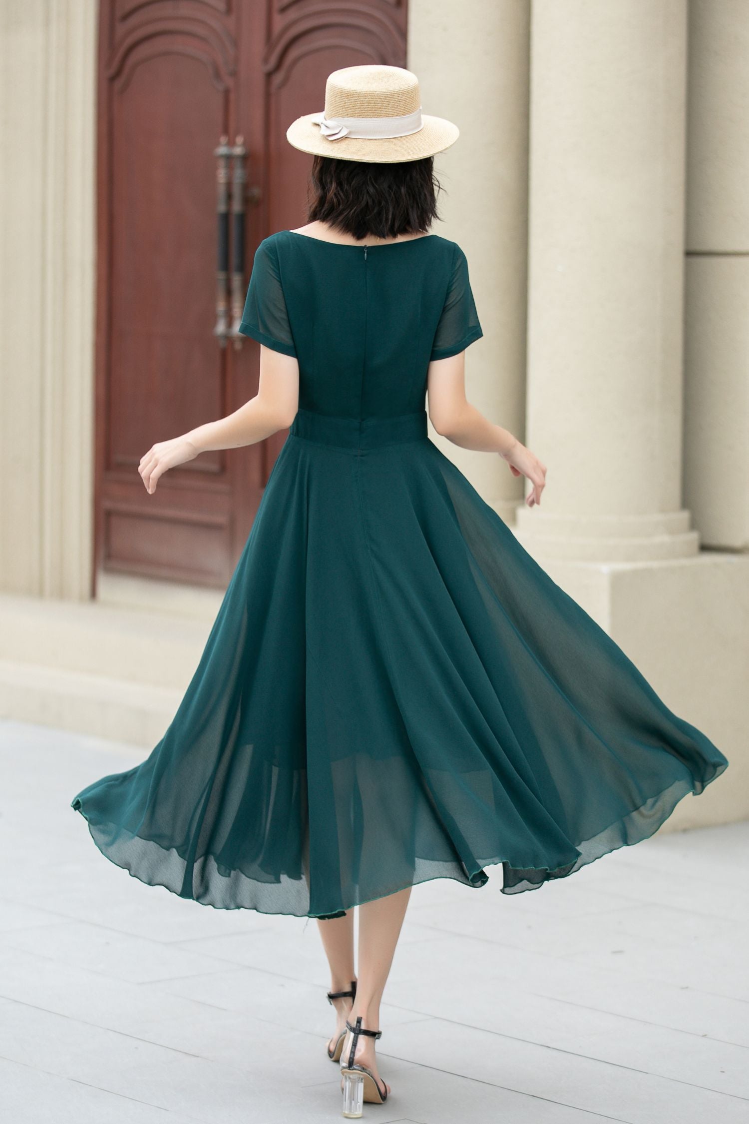 Emerald Green Chiffon Midi Fit and Flare Dress - Sheer Sleeve 5145