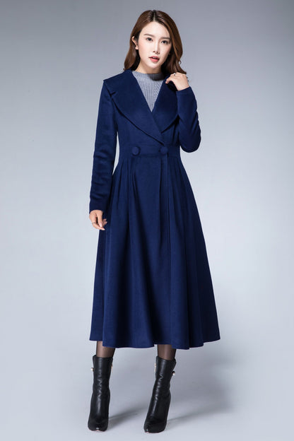 Elegant Navy Wool Blend Coat – Handmade Fit & Flare Princess Midi Coat | Xiaolizi 1866