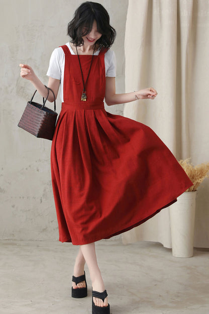 Red Linen Midi Pinafore Dress - Pleated Swing, Square Neckline 2823