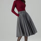 Grey Wool Midi Skirt – Handmade High Waist Vintage Pleated Skater Skirt 6398