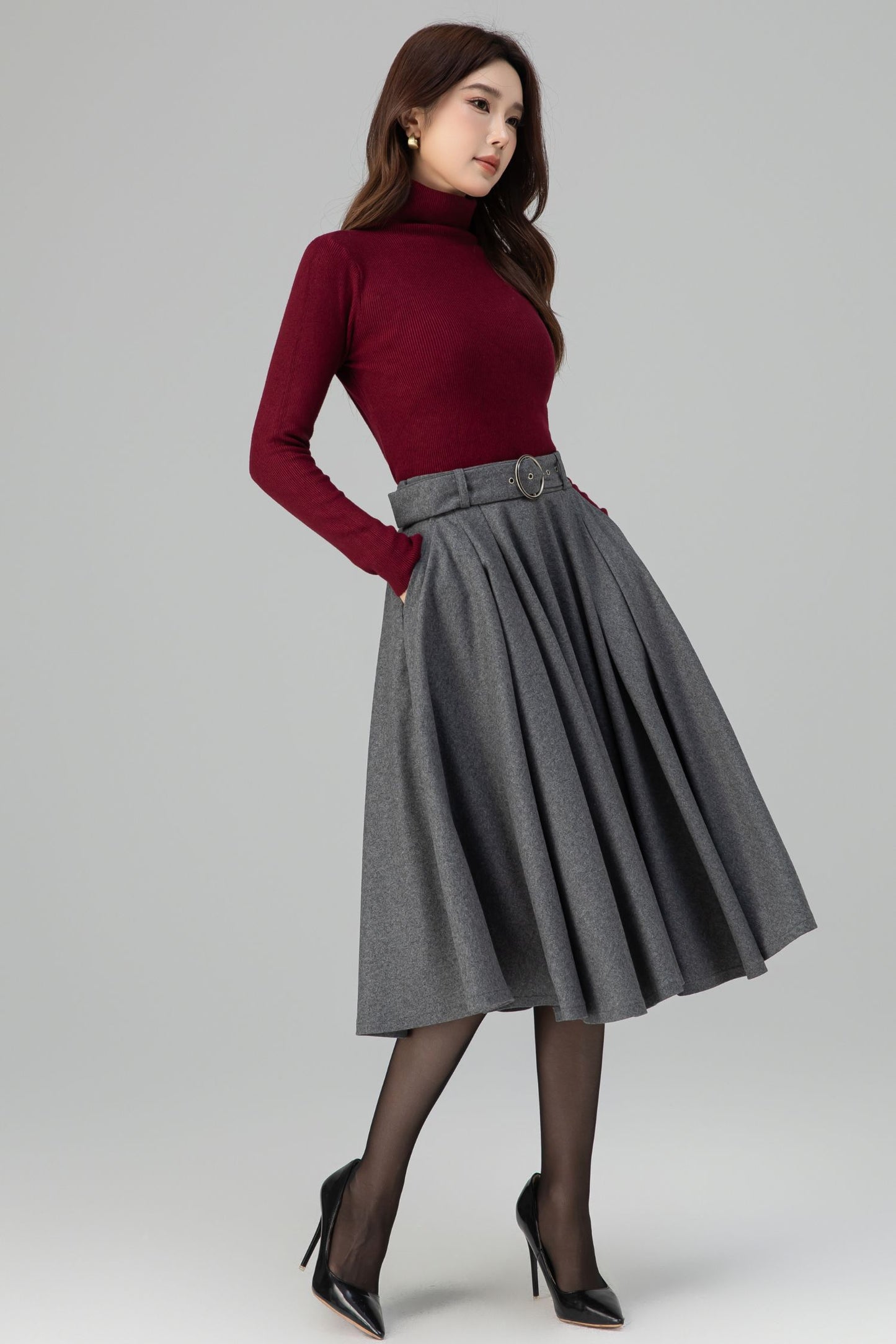 Grey Wool Midi Skirt – Handmade High Waist Vintage Pleated Skater Skirt 6398