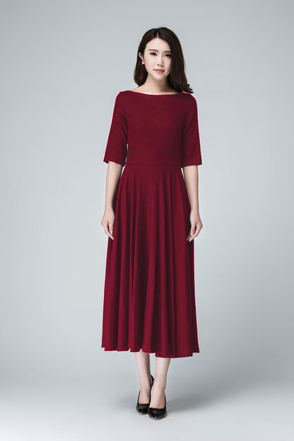 Burgundy Linen Midi Dress – Handmade Fit & Flare Elegant Day to Evening Dress | Xiaolizi 6632
