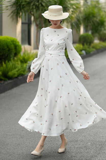 Handmade White Floral Linen Midi Dress – Vintage A-Line Long Sleeve Dress 6661