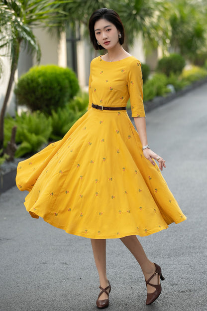 Yellow Linen Cotton Midi Dress – Vintage Fit & Flare with Pockets 6668 -Size XS #CK2600011
