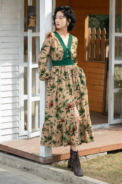 Xiaolizi Boho Linen Midi Dress – Vintage Contrast V Neck 6693