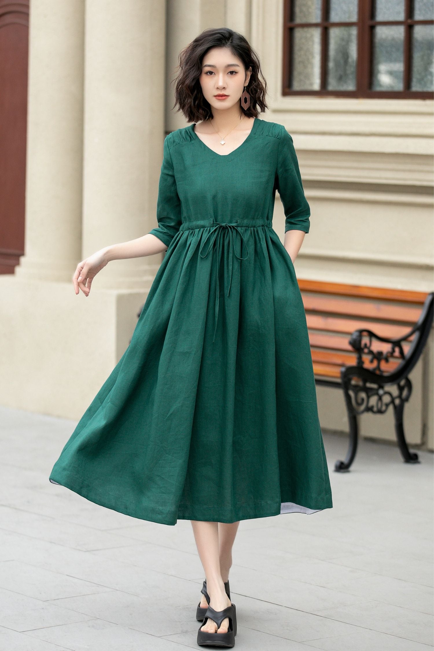 Green Linen Midi Dress - Drawstring Waist, Elbow Sleeve 4969