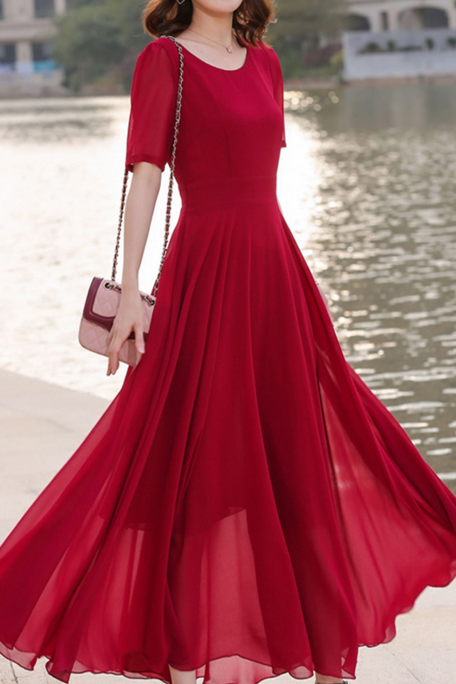 Red Chiffon Maxi Dress - Fit and Flare Silhouette HY0032